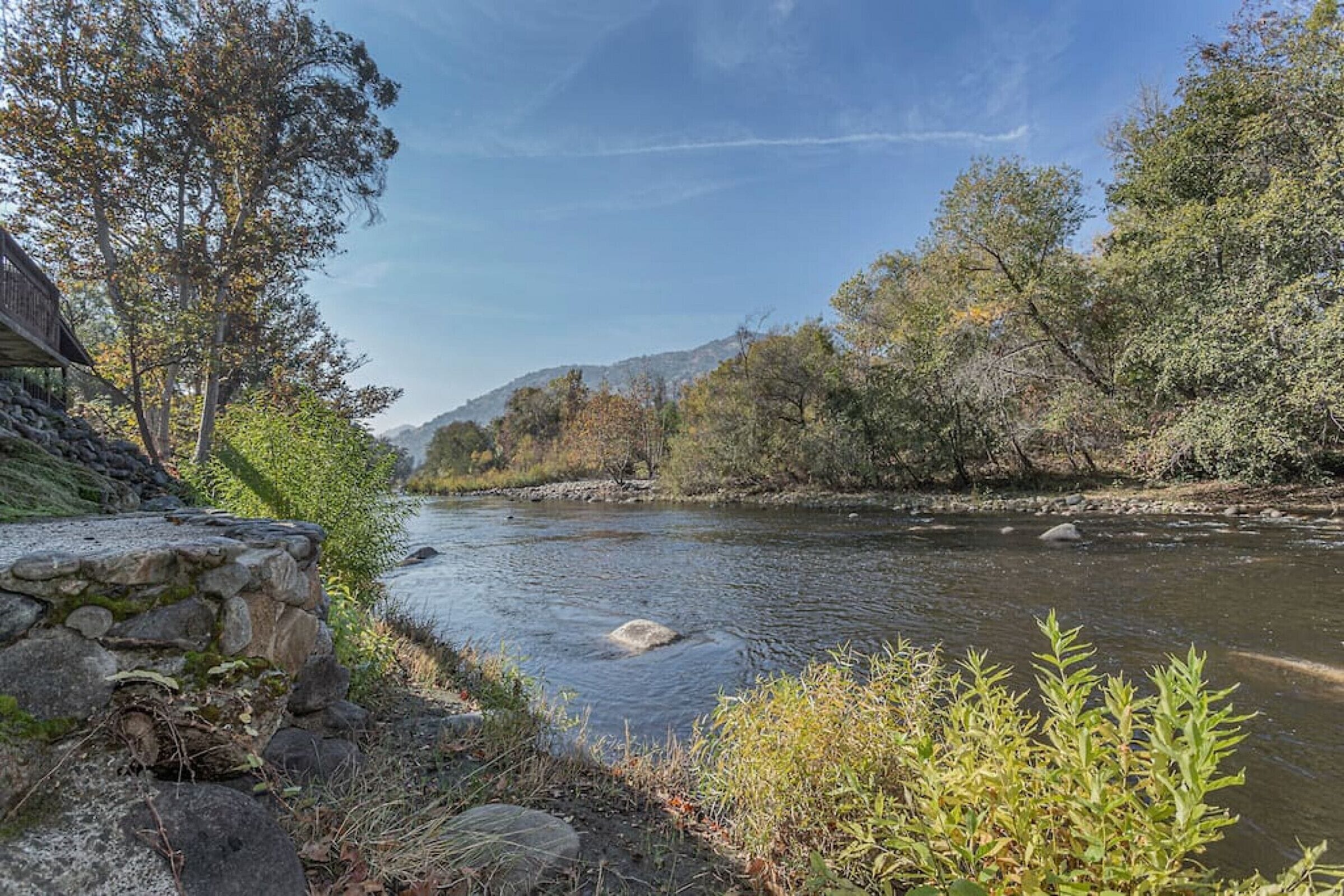 A river flowing through a forested area with a stone structure on the left.