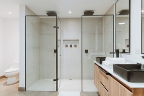 Shower, hair dryer, towels, soap