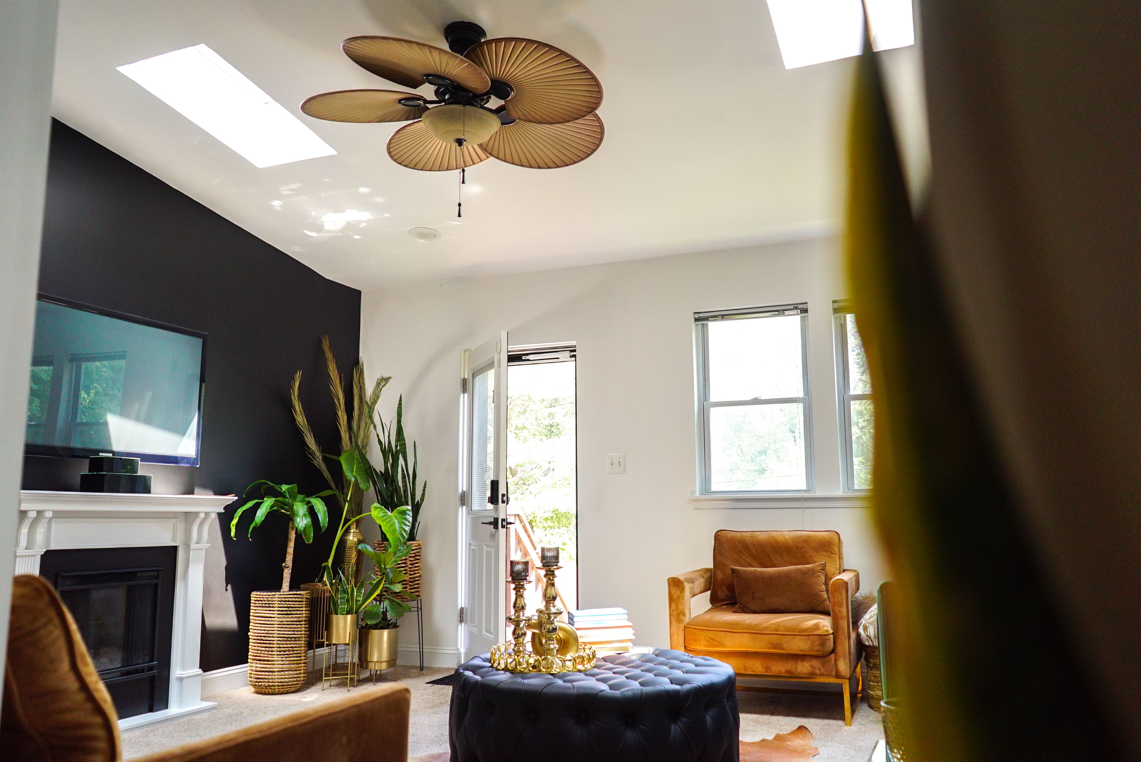 Smart TV, fireplace, books