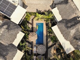 Vista aérea de una zona de piscina con una pileta rectangular, rodeada de palmeras y una estructura con techo de paja.