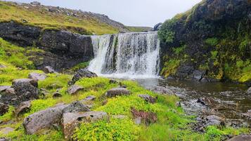 Una cascada envoltada de roques i vegetació.