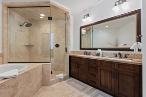 Shower, hair dryer, heated floors, towels