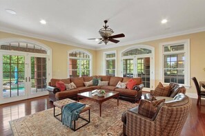 Smart TV, fireplace, video games, DVD player