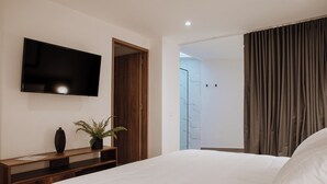 Un dormitorio moderno con una cama grande, un televisor de pantalla plana, una mesita de noche de madera, una planta en maceta y un vestidor.
