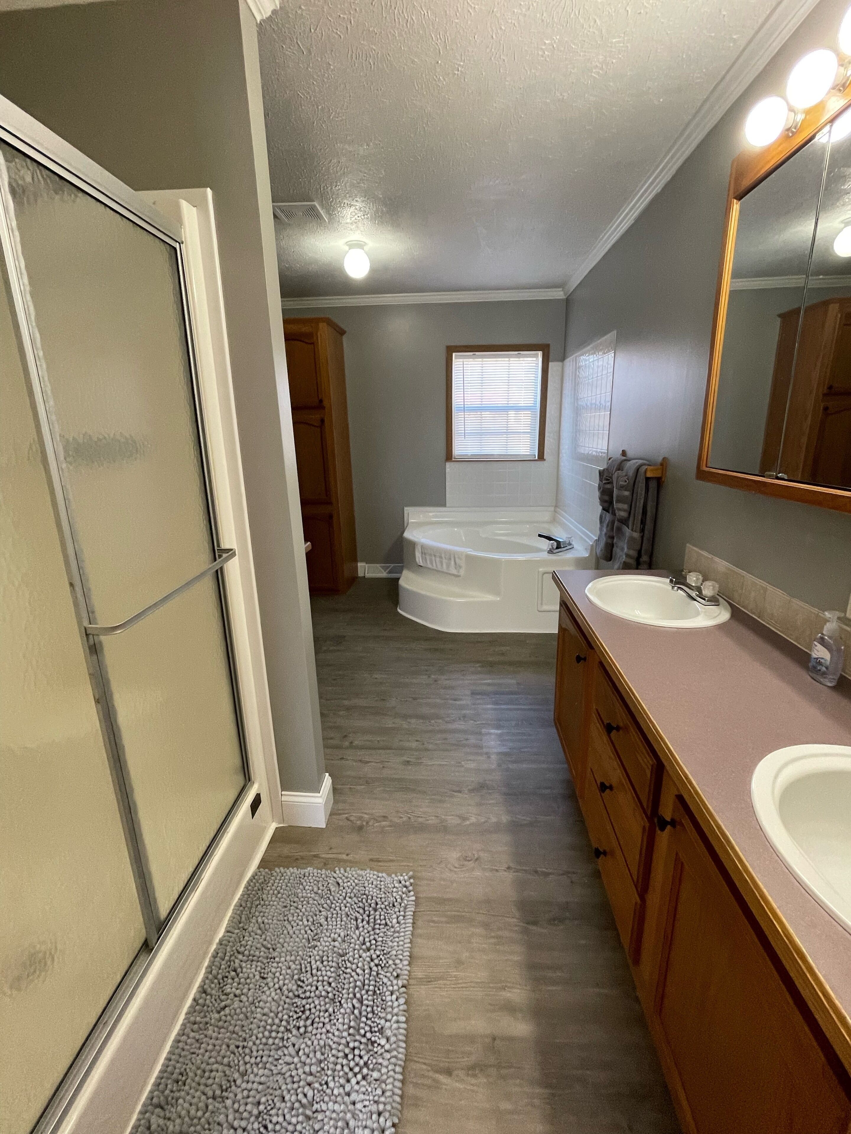 A bathroom with a walk-in shower, a bathtub, and a vanity with two sinks.