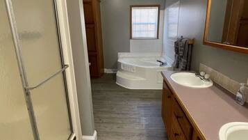 A bathroom with a walk-in shower, a bathtub, and a vanity with two sinks.