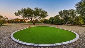 A well-maintained golf course with a putting green, surrounded by trees and a gravel border.