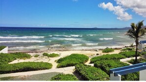 A beachfront view with clear skies, waves, and greenery.