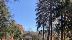 A residential property with a grassy yard, a wooden deck, and a house with a porch.