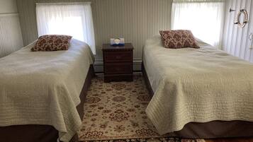 A twin bedroom with two beds, a nightstand, a rug, and a window with curtains.