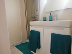 Regadera, toallas, papel de baño 