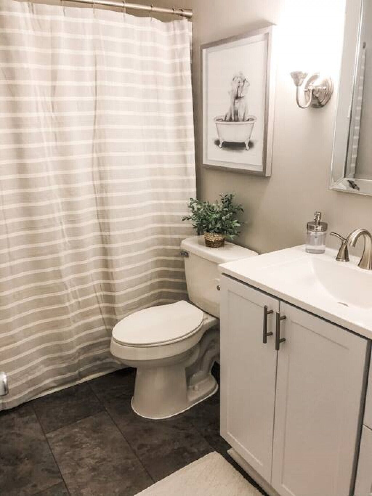 A bathroom with a striped shower curtain, a toilet, a sink with a mirror, and a framed picture on the wall.