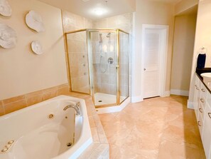Combined shower/tub, hair dryer, towels, soap