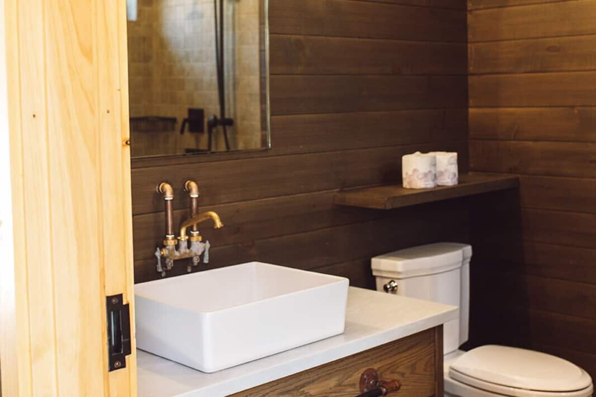 tent | bathroom | shower, rainfall showerhead, hair dryer, bathrobes