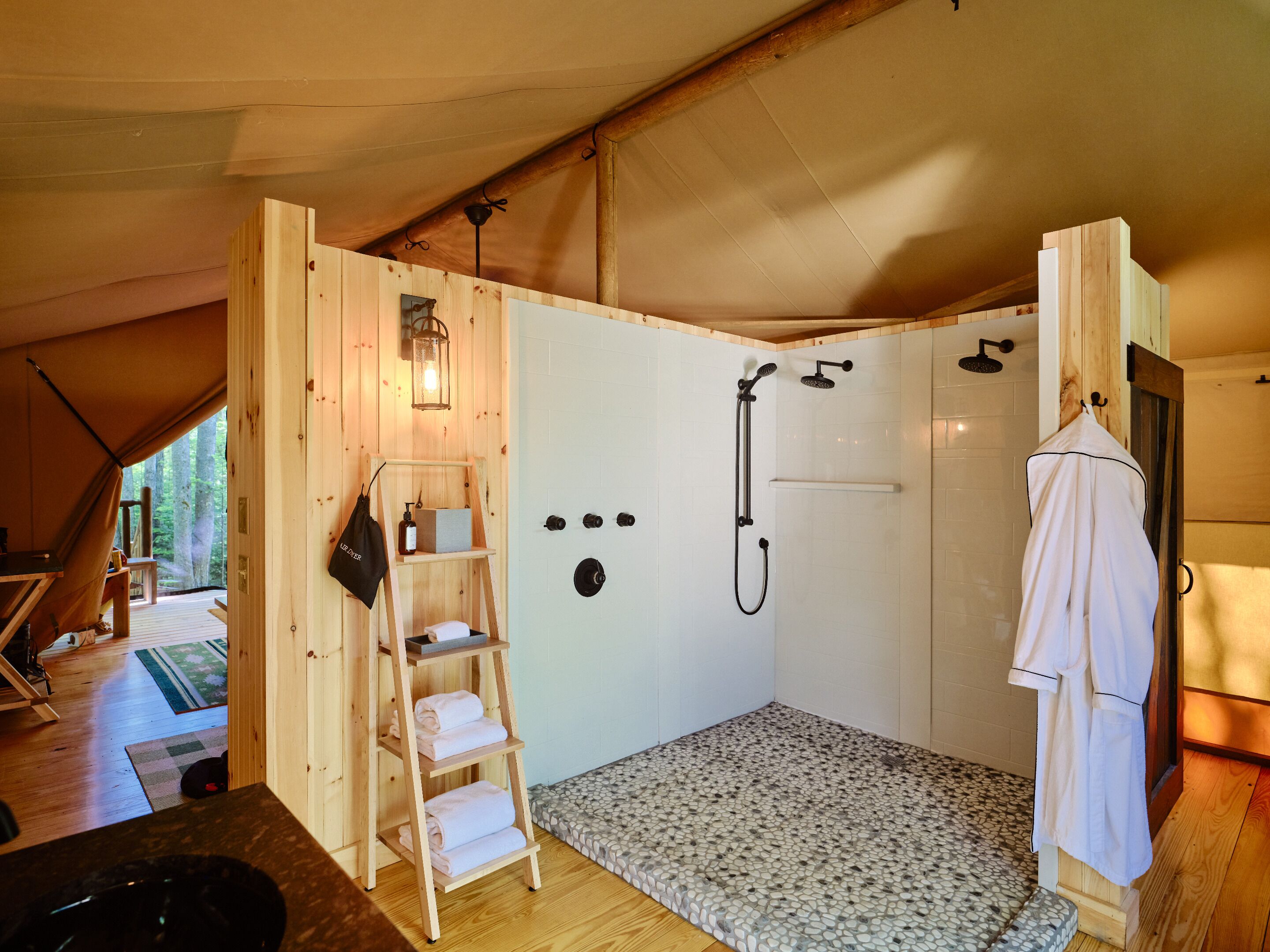 bayberry tent | bathroom | shower, rainfall showerhead, hair dryer, bathrobes
