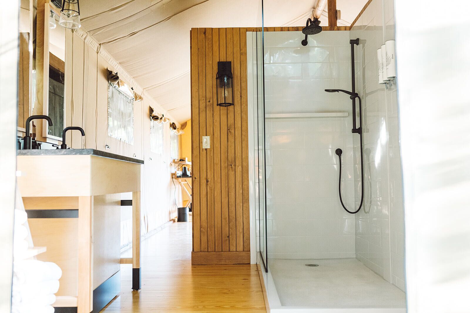 birch tent | bathroom | shower, rainfall showerhead, hair dryer, bathrobes