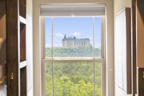 A view through a window with a large building in the background, surrounded by greenery.