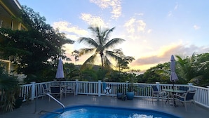 Area piscina con vista su palme e tramonto.
