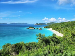 Un paysage côtier caractérisé par une eau turquoise cristalline, une plage de sable et une végétation luxuriante.