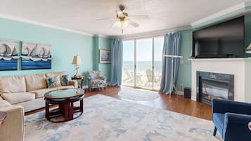 TV, fireplace, DVD player, books