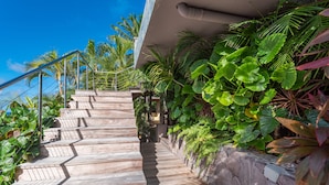 Un escalier en bois menant à un bâtiment, entouré d’une végétation tropicale luxuriante et sous un ciel bleu clair.