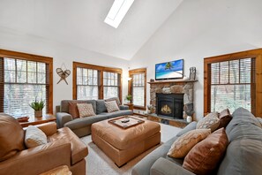 Smart TV, fireplace, video games, DVD player