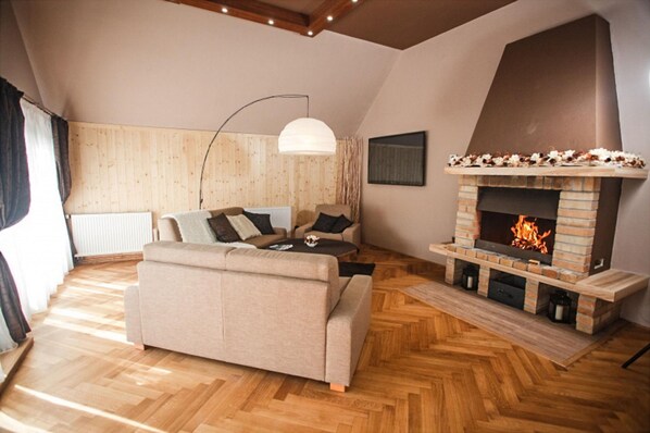 A cozy living room with a sofa, a fireplace, and a wooden herringbone floor. - Star Hamry Mosl590 (Staré Hamry)