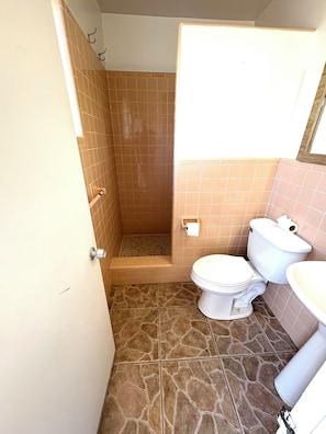 Chuveiro, banheira de hidromassagem, toalhas de banho