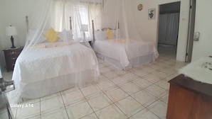 Un dormitorio con dos camas, un ventilador de techo y una mesita de noche con lámpara.
