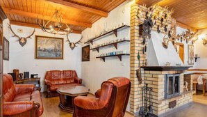 Un salon chaleureux avec des canapés en cuir, une cheminée et des décorations en forme de bois de cerf.