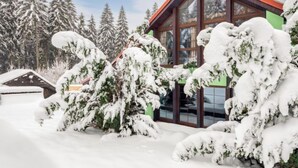 Une maison moderne avec de grandes fenêtres et un toit rouge, entourée d’arbres couverts de neige.