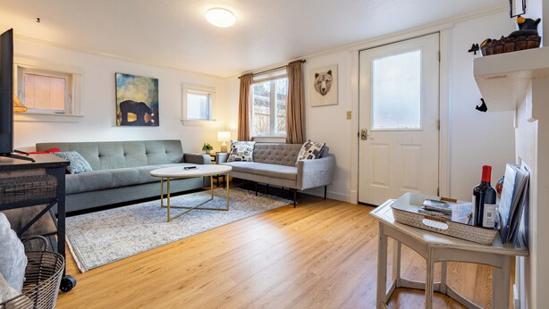 Un salon avec un canapé gris, une table basse et un téléviseur. Il y a une fenêtre avec des rideaux, une porte et un élément de décoration fixé au mur.