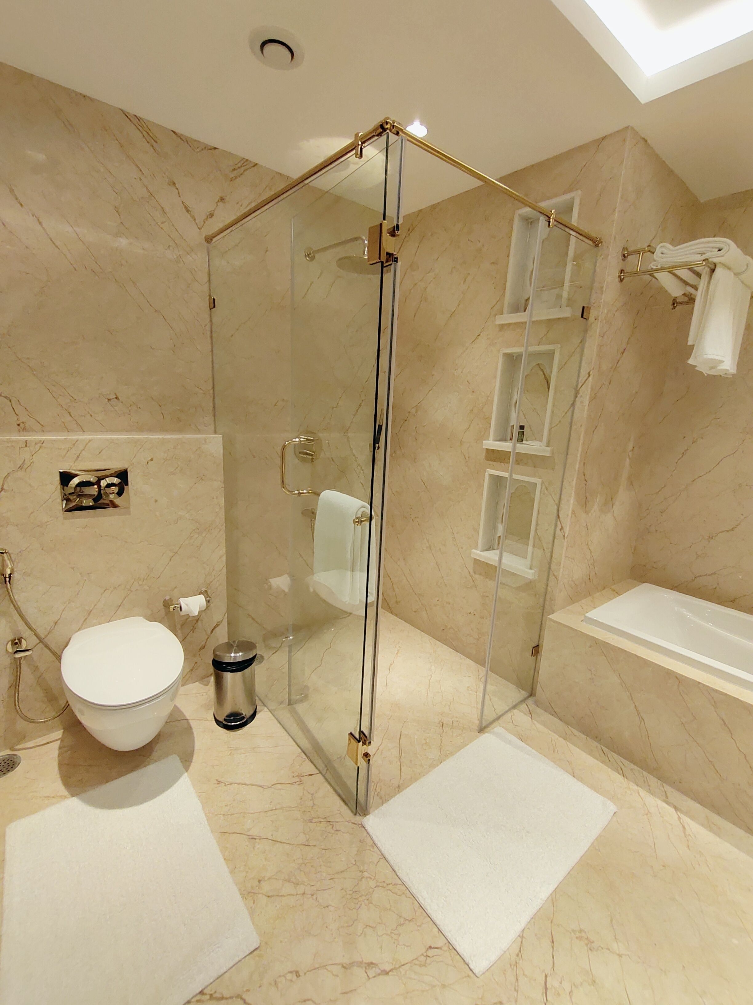 A modern bathroom with a glass-enclosed shower, a white toilet, and a bathtub.