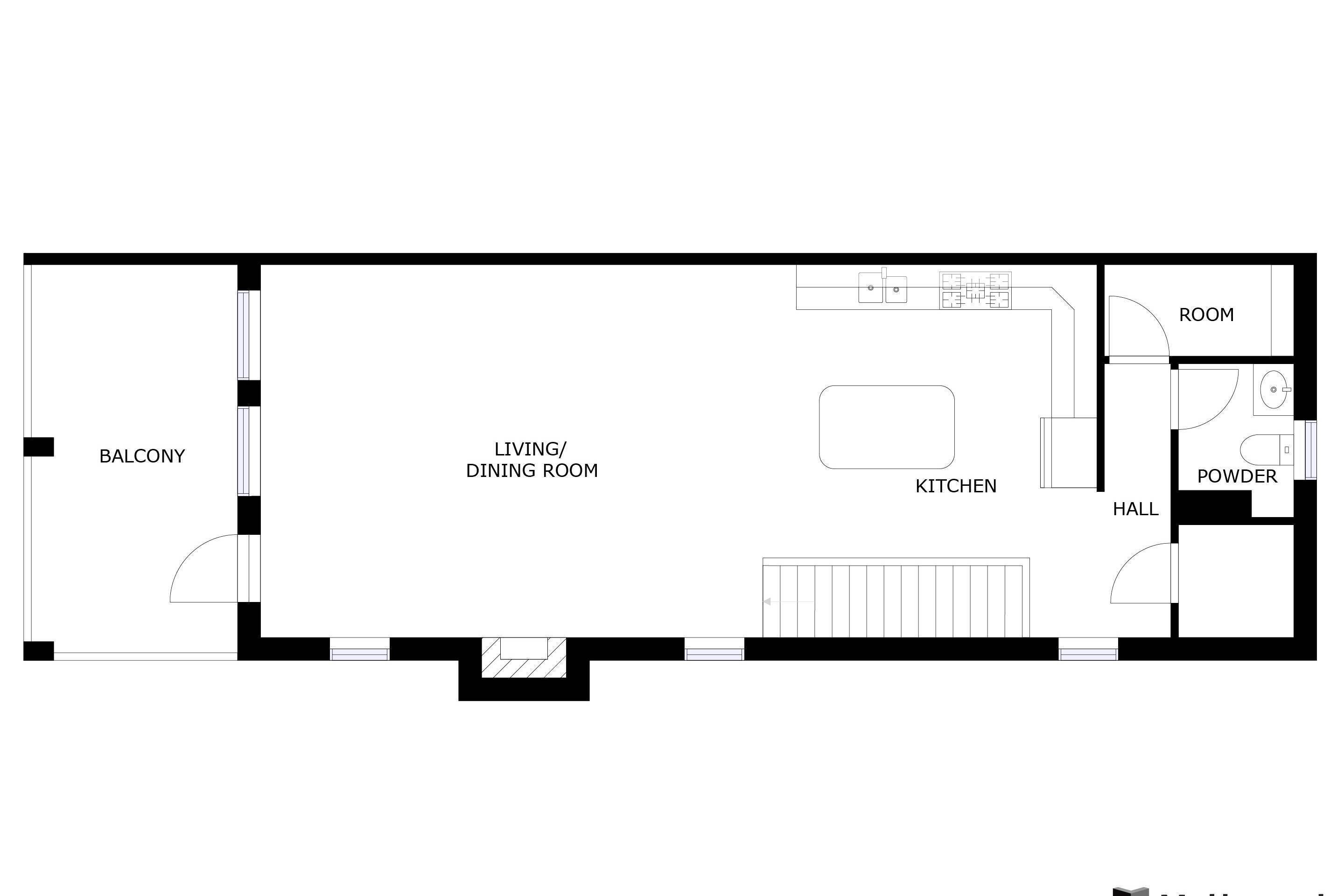 Ein Grundriss mit Balkon, Wohn-/Essbereich, Küche, Gäste-WC und Flur.