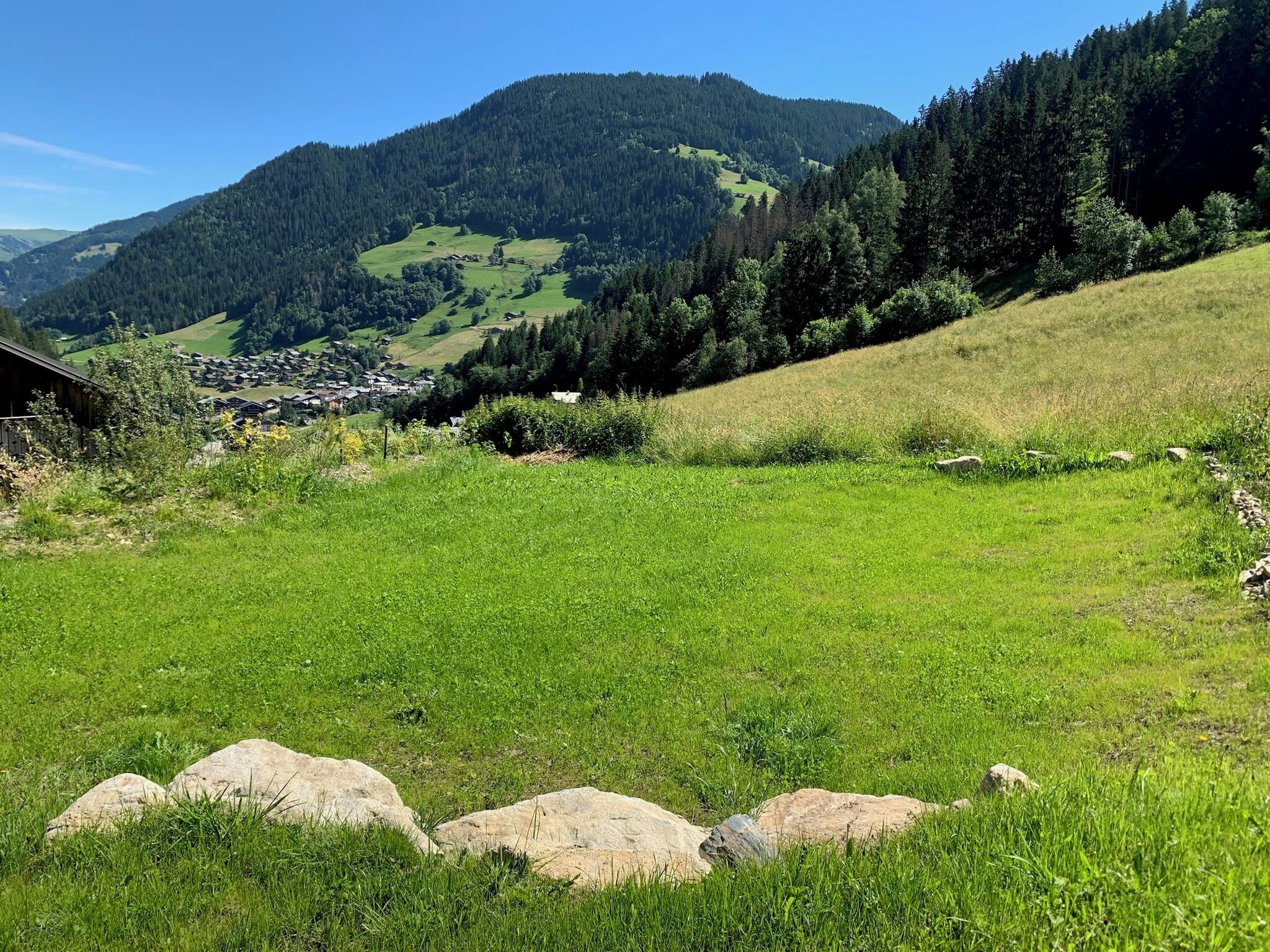 Un champ herbeux avec de gros rochers au premier plan, un village avec des maisons au milieu, et une montagne boisée à l’arrière-plan.