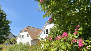 Uma casa branca com telhado inclinado e chaminé visível, rodeada por vegetação exuberante e flores cor-de-rosa.
