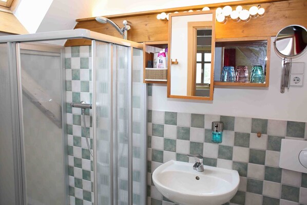 Shower, hair dryer, towels