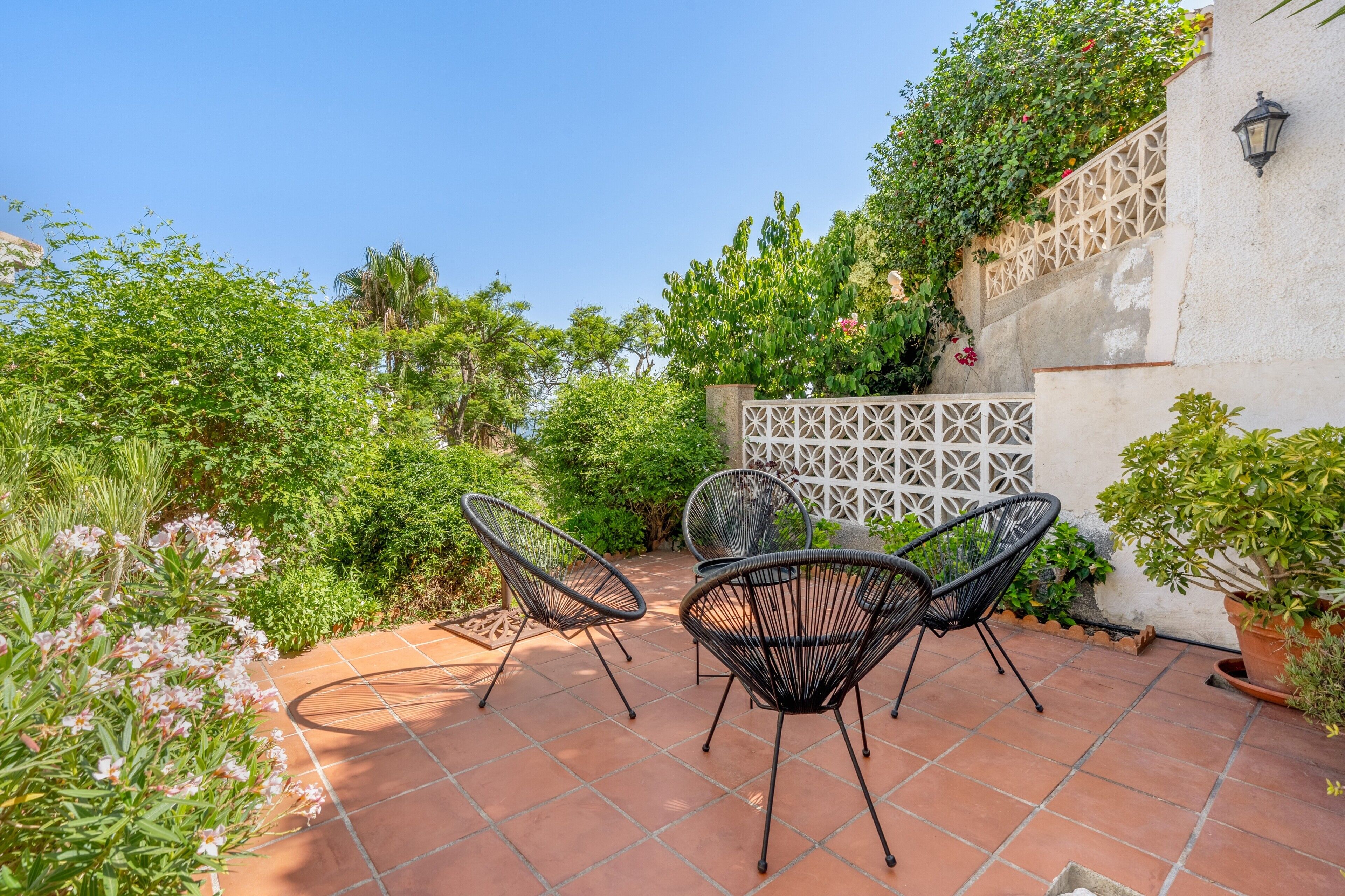Eine Terrasse im Freien mit Terrakottafliesen, schwarzen Drahtstuhlen und einer weißen Rankwand.