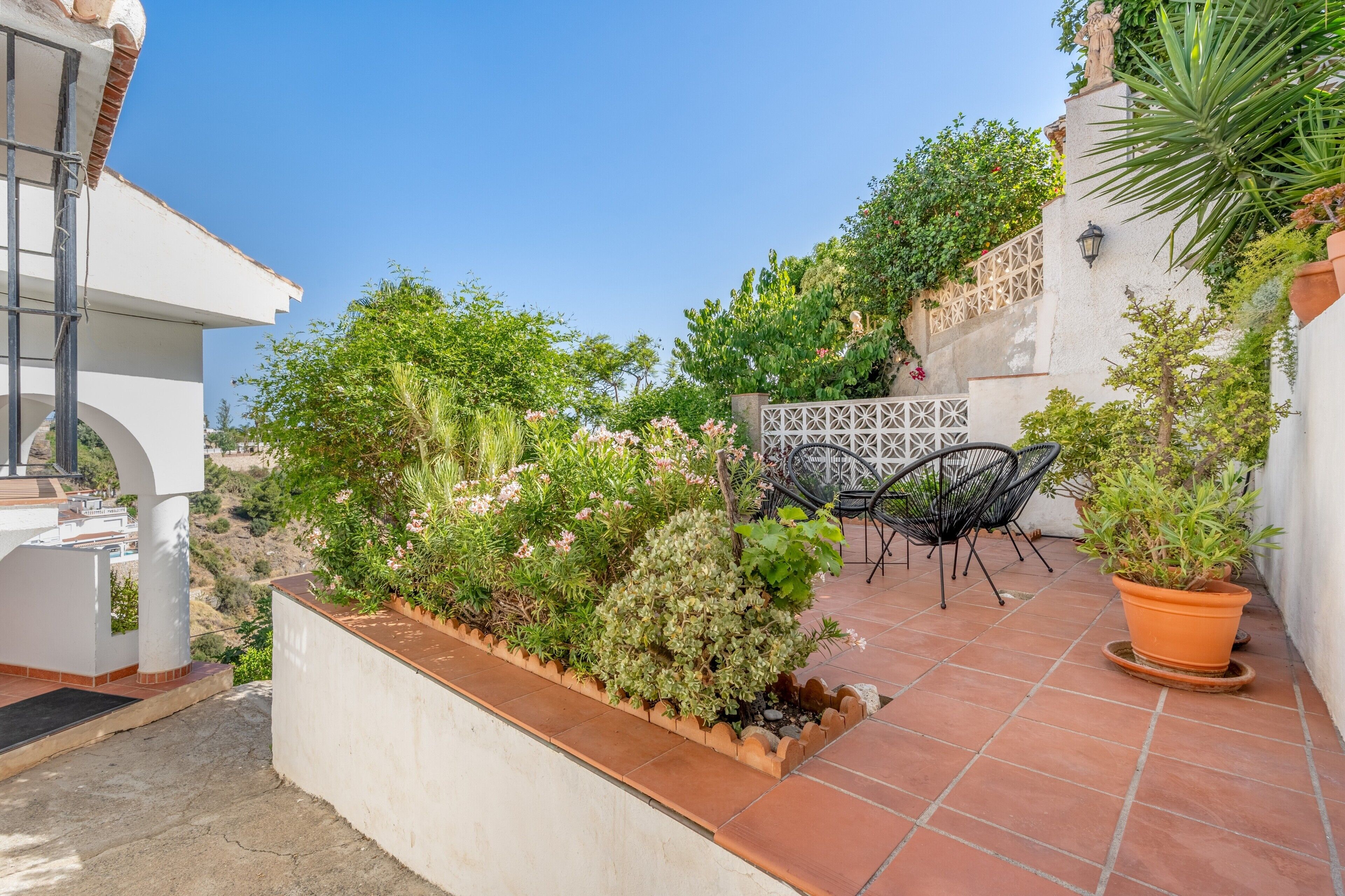 Un patio con un muro blanco, suelo de baldosas, una jardinera con planta y una silla.