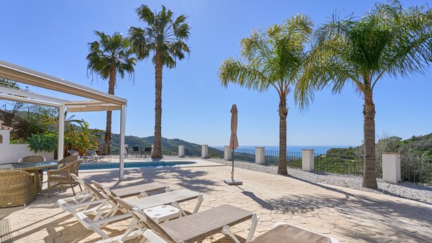 Un área junto a la piscina con sillas de descanso, una pérgola y palmeras.