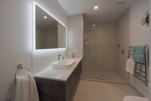 Shower, hair dryer, towels, toilet paper