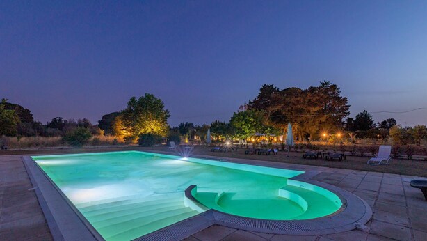 Une piscine rectangulaire dotée d’un toboggan intégré, entourée d’un espace patio aménagé avec des chaises longues et des tables.