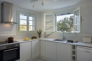 Fridge, oven, dishwasher, cookware/dishes/utensils