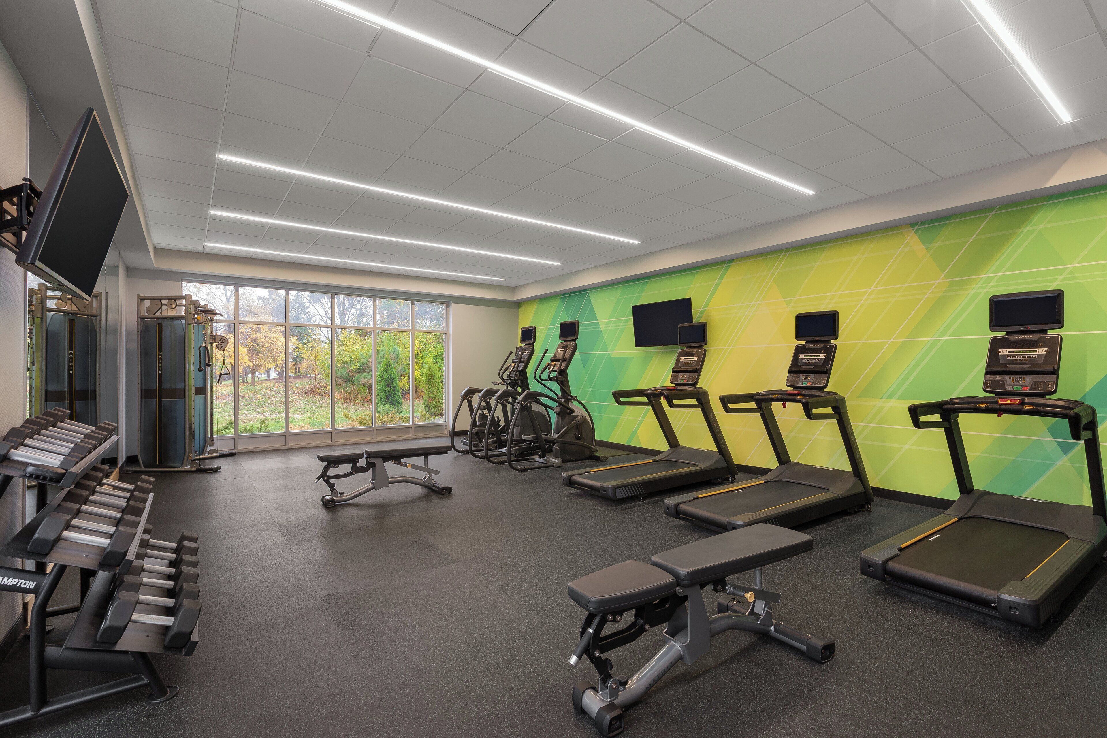 A gym with treadmills, stationary bikes, and weight machines.