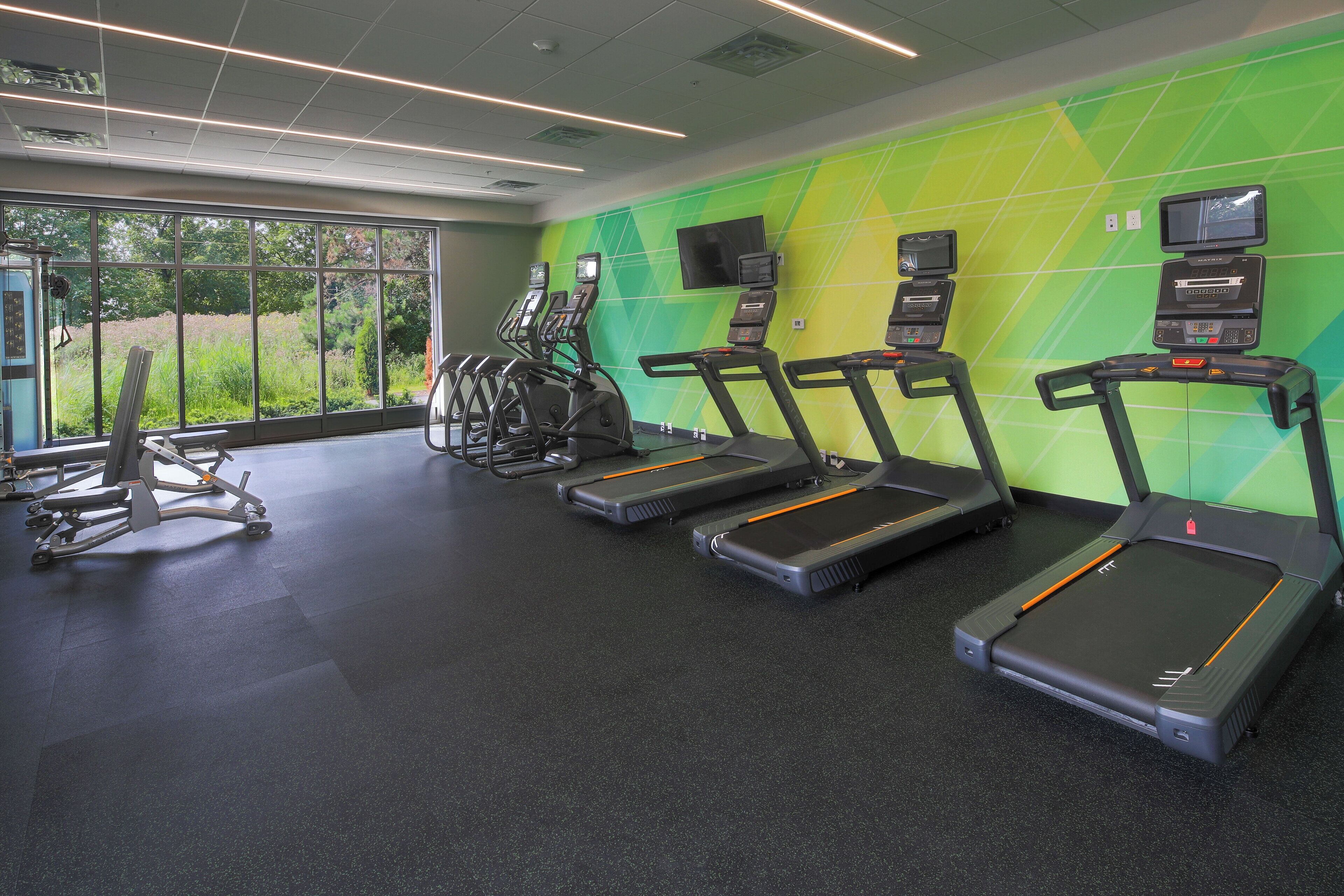 A gym with treadmills, weight machines, and a large window.