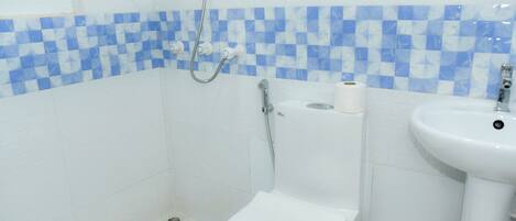A bathroom with a white toilet, a sink, and a shower.