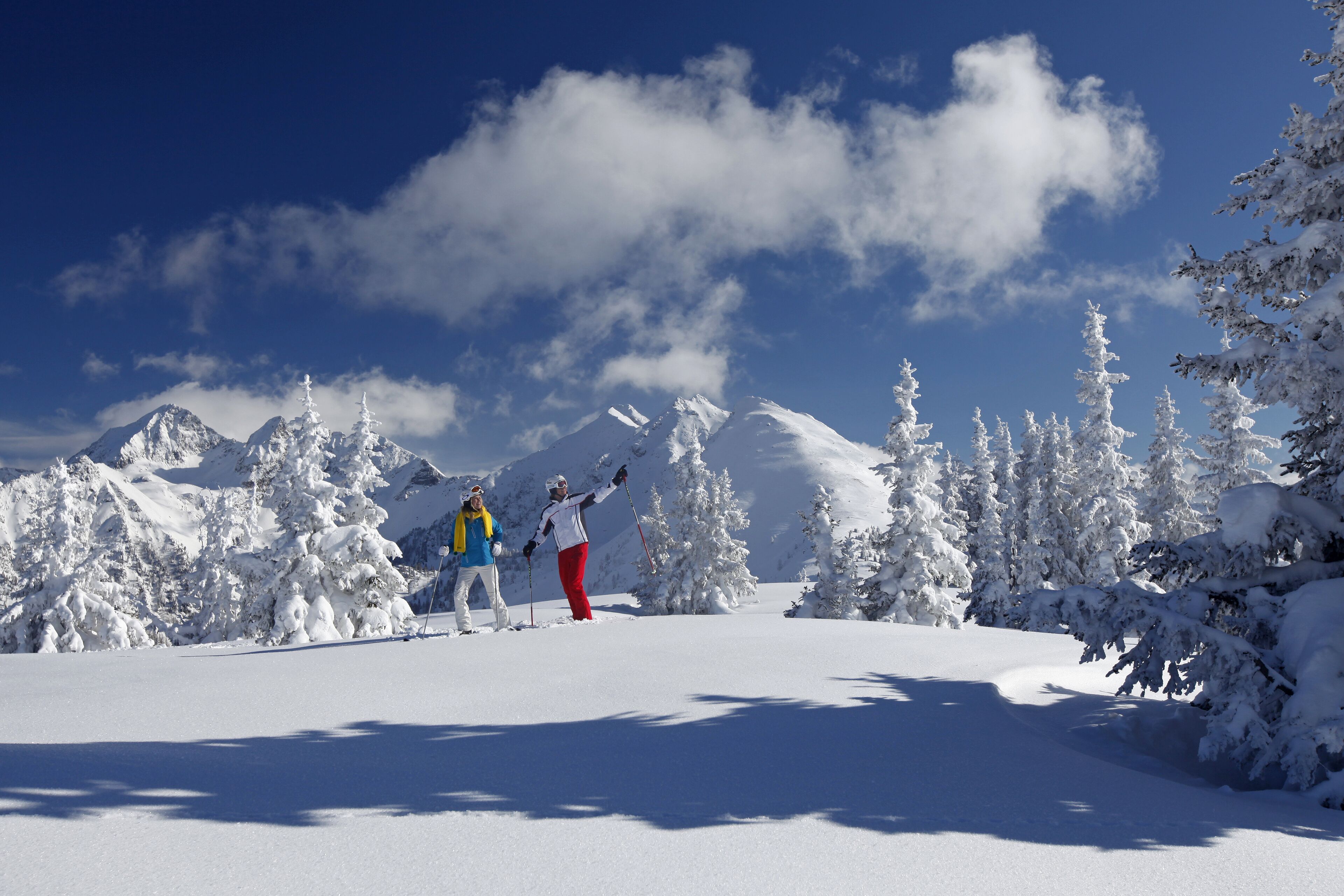 Een besneeerd berglandschap met skiërs.