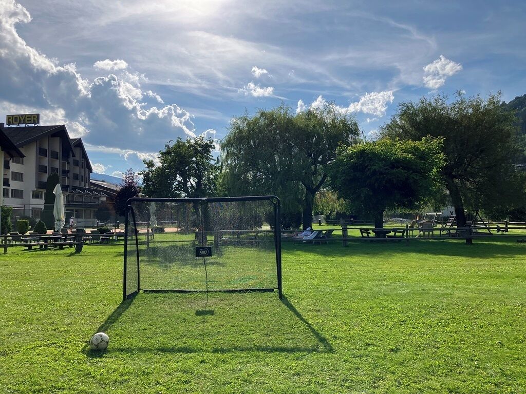 A soccer goal in a park with a building labeled "ROYER" in the background.