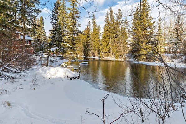 A snow-covered landscape with a lake, surrounded by evergreen trees and a building in the background. - Lovely Suite with Full Kitchen, Close to Downtown! (Canmore)