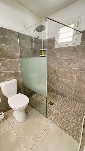 Dusche, Haartrockner, Handtücher, Seife